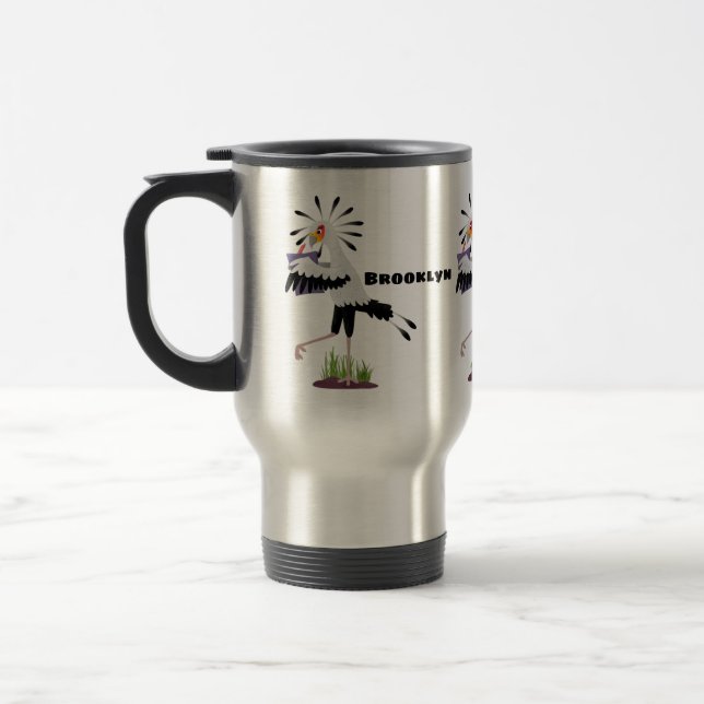 Cute secretary bird writing notes cartoon travel mug (Left)