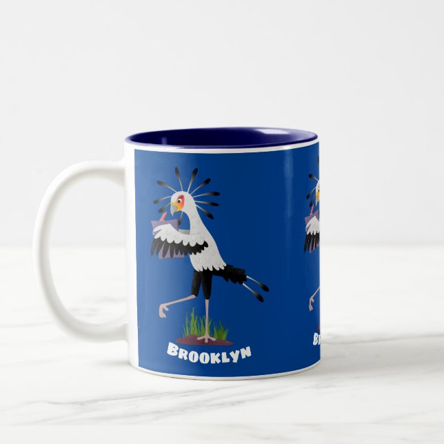 Cute secretary bird writing notes cartoon Two-Tone coffee mug (Left)