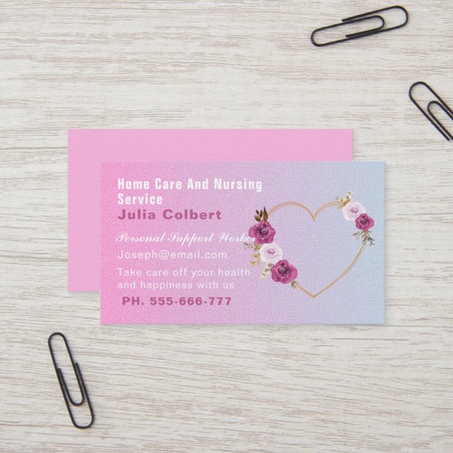 Cute Senior Companion Caregiver Heart Floral Business Card (Front/Back In Situ)
