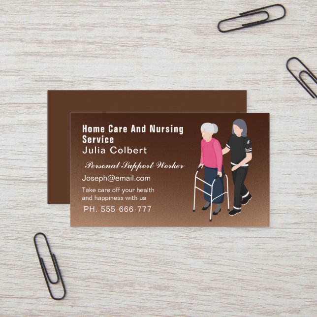 Cute Senior Companion or Elderly Caregiver brown Business Card (Front/Back In Situ)