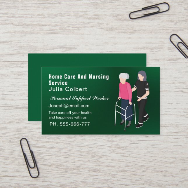Cute Senior Companion or Elderly Caregiver green Business Card (Front/Back In Situ)