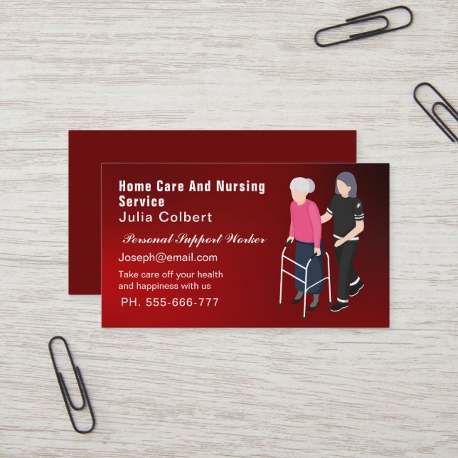 Cute Senior Companion or Elderly Caregiver red Business Card (Front/Back In Situ)