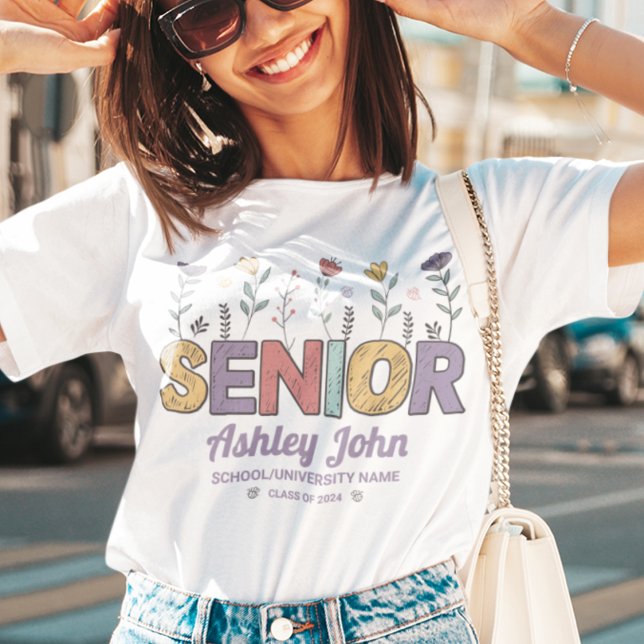 Cute Senior Retro Flower Personalised Graduation  T-Shirt (Creator Uploaded)