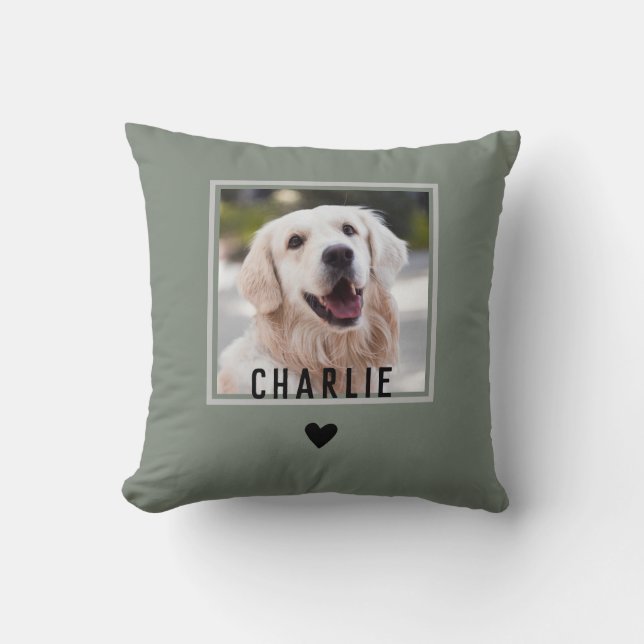 Cute Sentimental Green with Heart Dog Photo Name Cushion (Front)