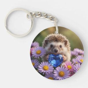 Cute September Hedgehog with Sapphire Heart Key Ring