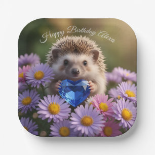 Cute September Hedgehog with Sapphire Heart Paper Plate