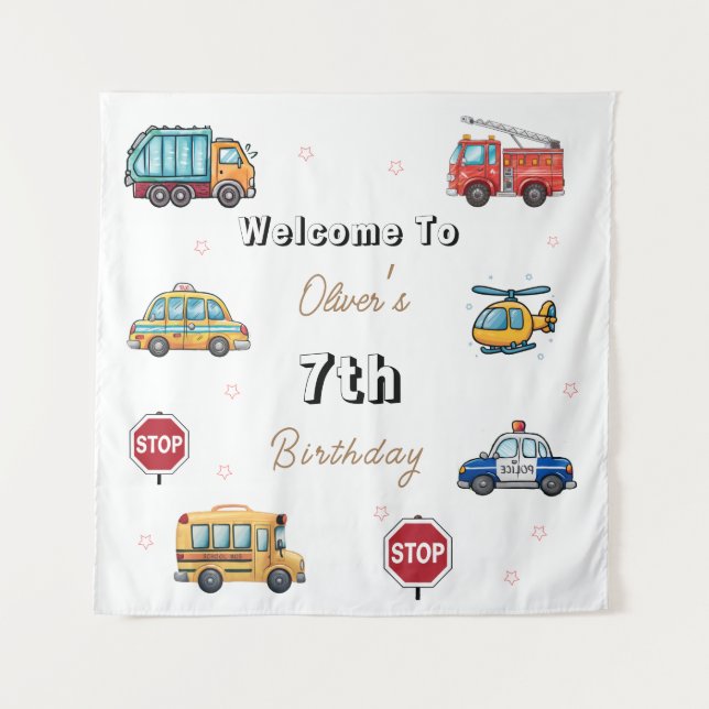 Cute Service Vehicle Birthday bash welcome sign  Tapestry (Front)