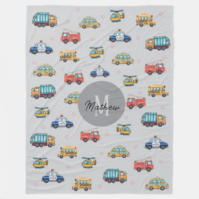 Cute Service Vehicles personalised  Fleece Blanket (Front)
