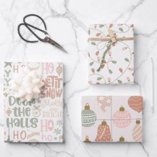 Cute Set Pink and Sage Green Christmas  Wrapping Paper Sheet