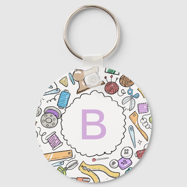 Cute Sewing Craft Doodles Monogram Key Ring (Front)