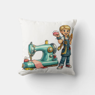 Cute Sewing Girl Cartoon with Vintage Machine Cushion