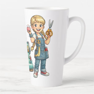 Cute Sewing Girl Cartoon with Vintage Machine Latte Mug