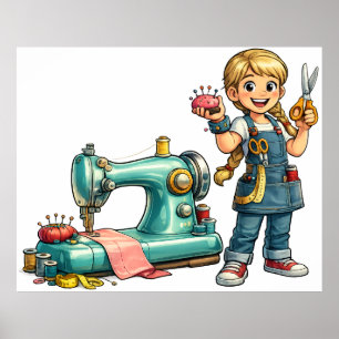 Cute Sewing Girl Cartoon with Vintage Machine Poster