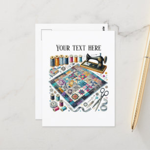 Cute sewing lovers add text  postcard