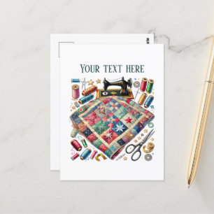 Cute sewing lovers add text  postcard