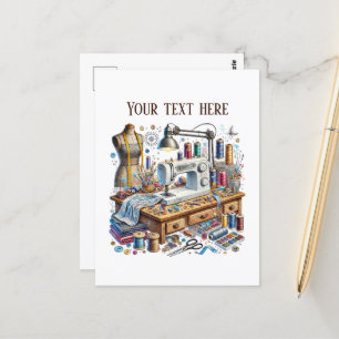Cute sewing lovers add text  postcard