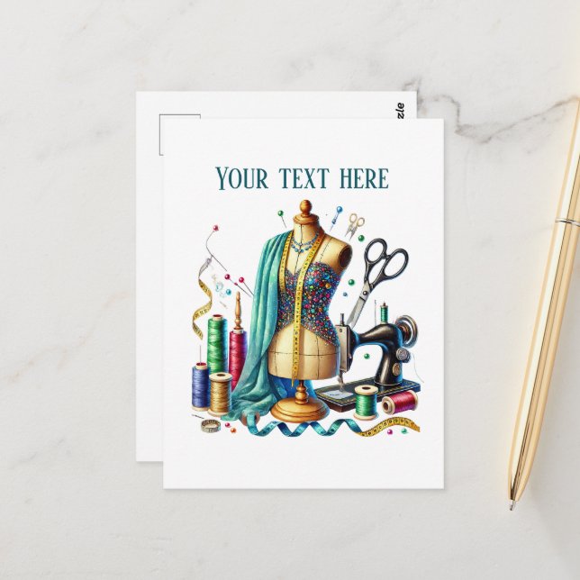 Cute sewing lovers add text  postcard (Front/Back In Situ)