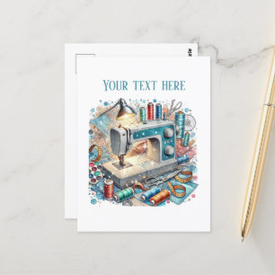 Cute sewing lovers add text  postcard