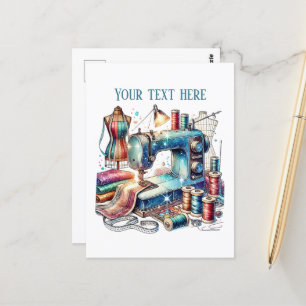 Cute sewing lovers add text postcard