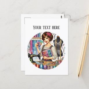 Cute sewing lovers add text  postcard