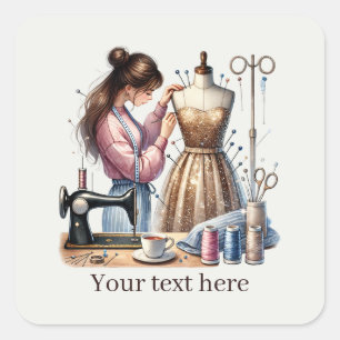 Cute sewing lovers add text square sticker