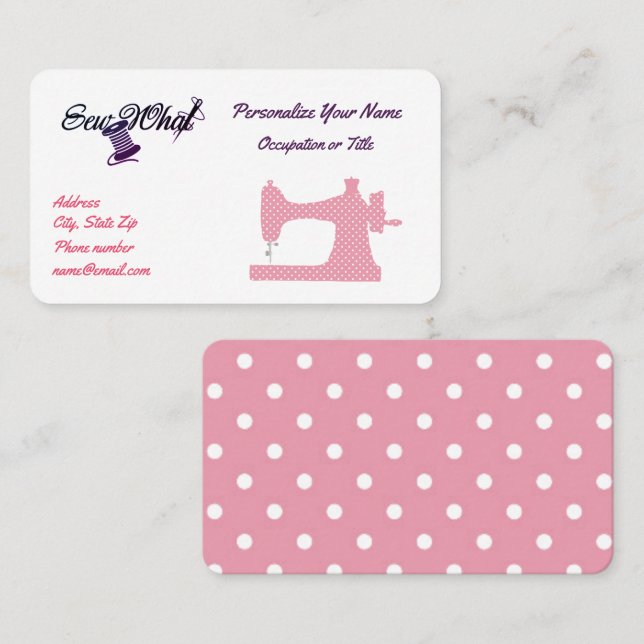 Cute Sewing Machine Seamstress Pink Polka Dots Business Card (Front/Back)