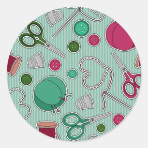 Cute Sewing Pattern Green and Purple Classic Round Sticker
