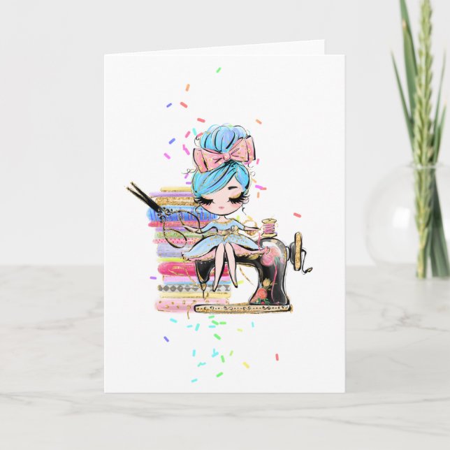 Cute Sewing Seamstress Dressmaker Cartoon Add Name Card (Front)
