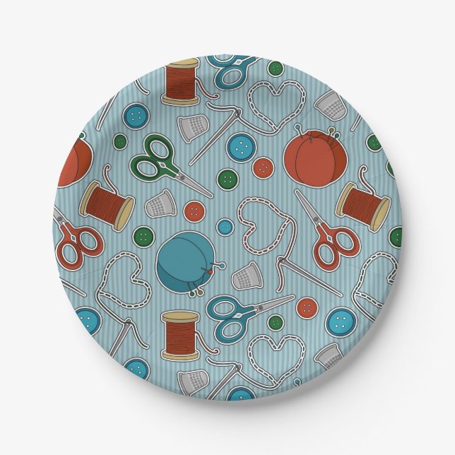 Cute Sewing Themed Pattern Blue Paper Plate (Front)