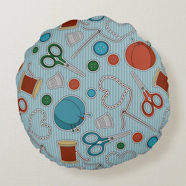 Cute Sewing Themed Pattern Blue Round Cushion (Back)