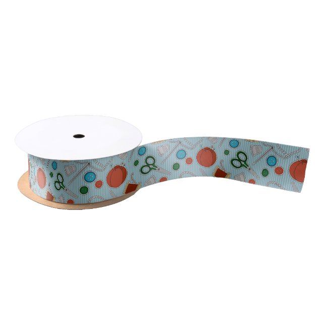Cute Sewing Themed Pattern Blue Satin Ribbon (Spool)
