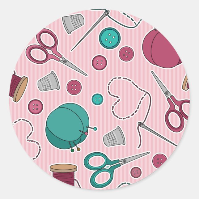 Cute Sewing Themed Pattern Pink Classic Round Sticker (Front)