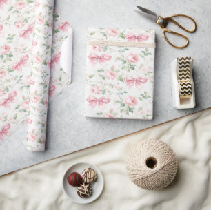 Cute shabby chic bohemian floral pink rose and bow wrapping paper