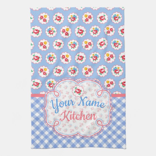 Cute Shabby Chic Floral and Plaid  Personalised Tea Towel (Vertical)