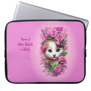 Cute Shabby Chic Kitten, Pink Rose  Laptop Sleeve