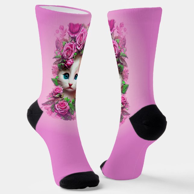 Cute Shabby Chic Kitten, Pink Rose Socks (Angled)