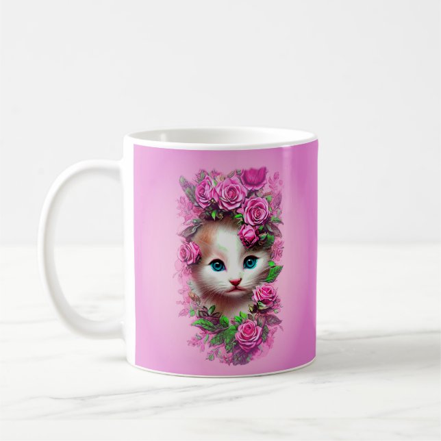 Cute Shabby Chic Kitten with Pink Roses  Coffee Mug (Left)