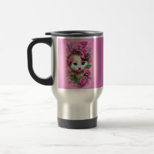 Cute Shabby Chic Kitten with Pink Roses Travel Mug