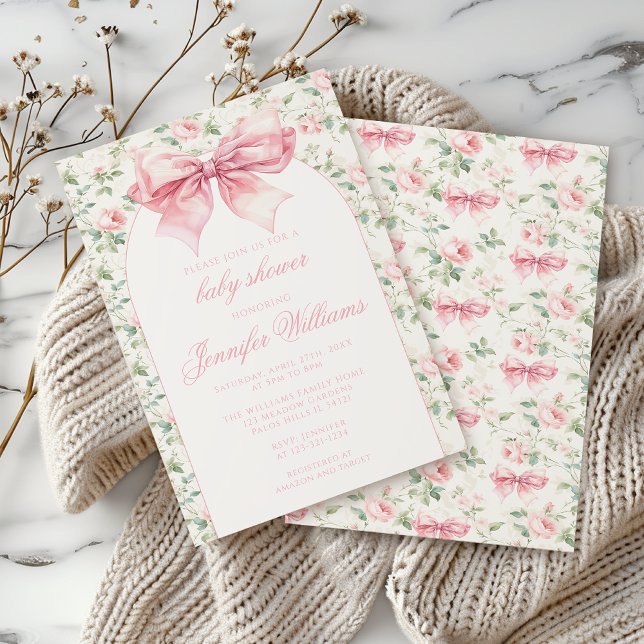 Cute shabby chic pink bow floral baby girl shower invitation (Creator Uploaded)