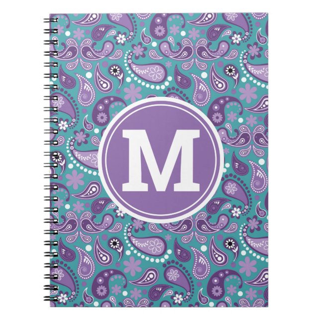 Cute Shabby Chic Purple and blue Paisley Monogram Notebook (Front)