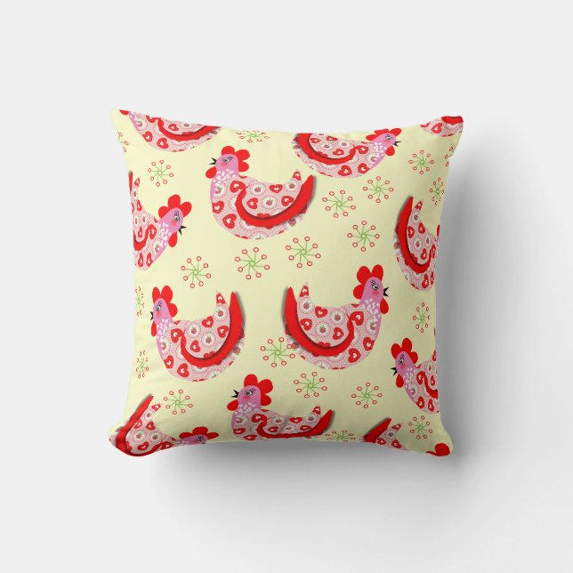 Cute Shabby Chic Rooster Hens Vintage Inspired Cushion (Front)