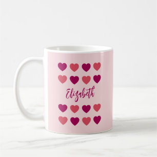 Cute Shades of Pink Hearts Script Cursive Name Coffee Mug