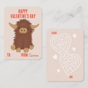 Cute, shaggy Highland cow classroom Valentine Card