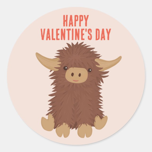 Cute, shaggy Highland cow classroom Valentine Classic Round Sticker (Front)