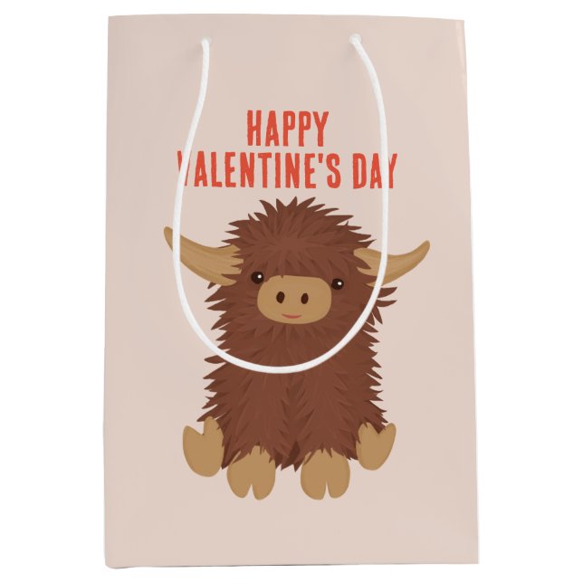 Cute, shaggy Highland cow classroom Valentine Medium Gift Bag (Front)