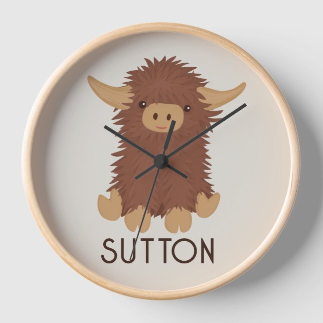 Cute, shaggy Highland cow custom design Clock (Front)