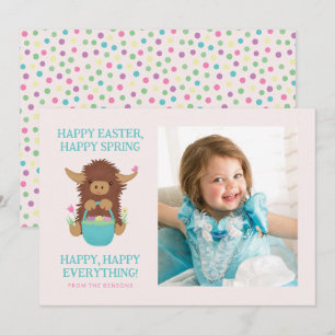 Cute, shaggy Highland cow Easter basket design Holiday Card