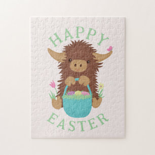 Cute, shaggy Highland cow Easter basket design Jigsaw Puzzle