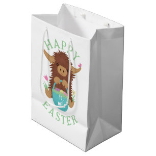 Cute, shaggy Highland cow Easter basket design Medium Gift Bag
