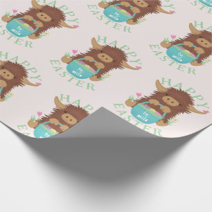 Cute, shaggy Highland cow Easter basket design Wrapping Paper